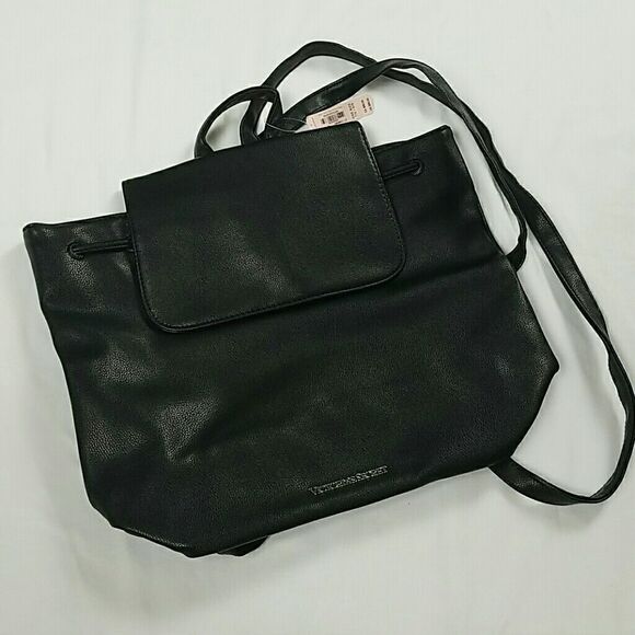 Victoria’s Secret Black Faux Leather Flap Drawstring Backpack NWT main image 4